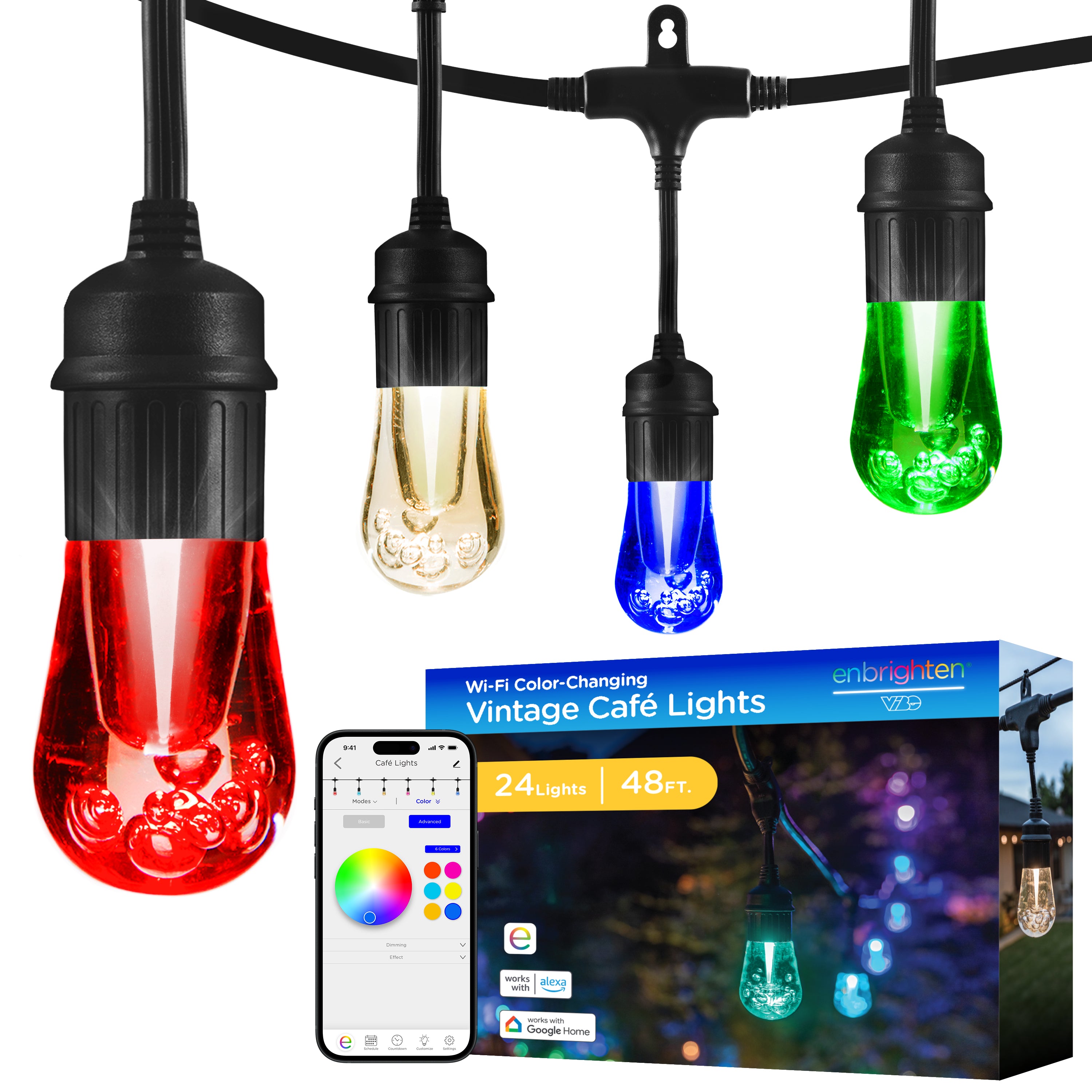 Enbrighten VIBE WiFi Vintage Color-Changing LED Cafe Lights Gen 2, 24