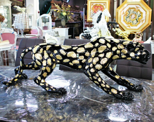 楽天市場】ヒョウ 置物 レオパード W105 H38cm ブラック ゴールド