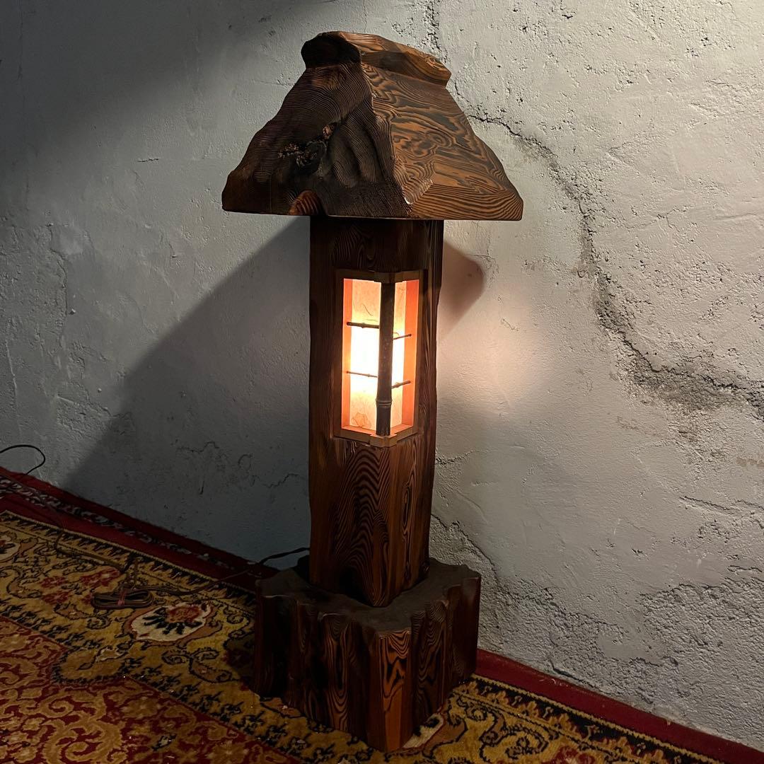 【激レア】杉材・和風行灯照明 天然木×竹細工×障子紙 灯籠 点灯確認済み インテリア照明 KND-450S-103 レーザー角行灯「奏」 麻の葉デザイン1