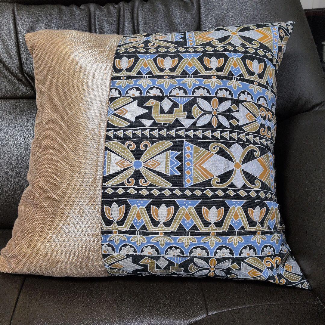 帯リメイク 正絹帯より クッションカバー 45cm インカの黄金