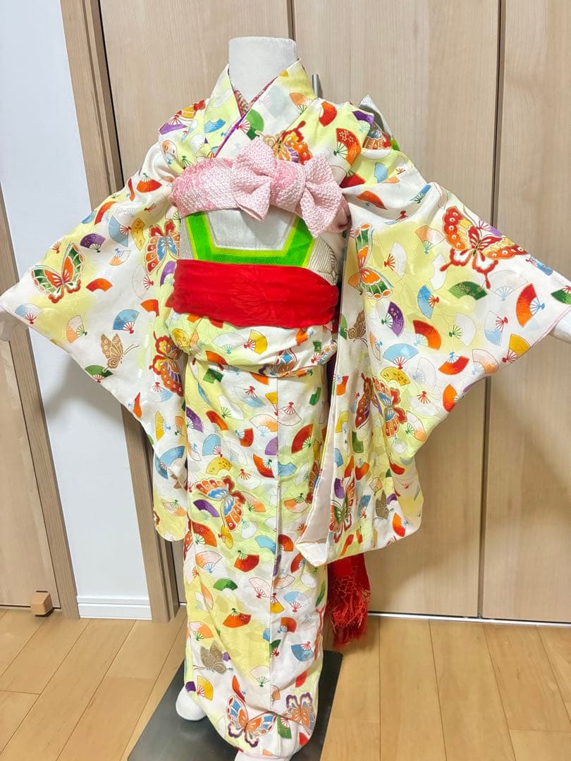 7歳七五三用 扇子総柄黄色　着物セット 七五三 はこせこセット 7歳 バッグ 草履21cm 箱迫 丸ぐけ 扇子
